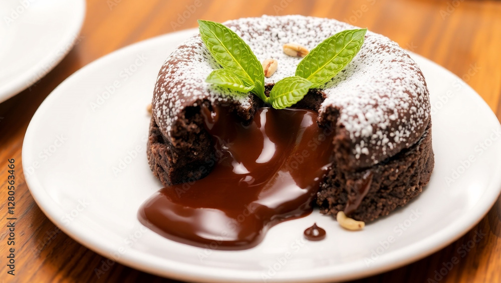 Chocolate Lava Cake with Melted Center and Mint Garnish. Chocolate Lava Cake with Melted Center and Mint Garnish.