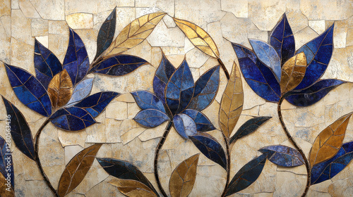A handcrafted mosaic featuring stylized floral motifs with textured gold leaves and deep blue tiles