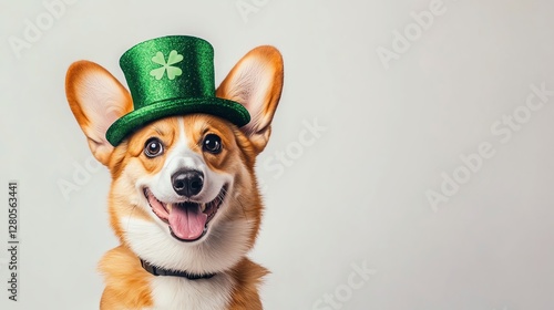 Joyful corgi dog wearing a green hat, perfect for festive or cheerful themes. A charming and playful companion for celebrations. photo