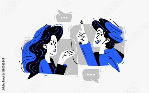 Couple of young people having conversation online via messenger, vector illustration of two people arguing and having communication, debate online speech boxes.