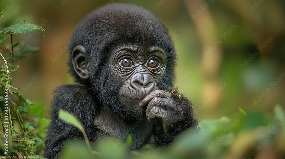 Baby Gorilla Thoughtfully Gazes, Deep in Contemplation in Its Natural Habitat Baby Gorilla Thoughtfully Gazes, Deep in Contemplation in Its Natural Habitat