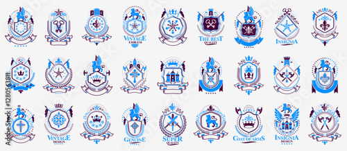 Classic style emblems big set, ancient heraldic symbols awards and labels collection, classical heraldry design elements, family or business emblems.