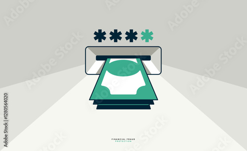 Money stack from ATM with password or code conceptual poster, financial fraud protection concept, icon style vector illustration of a banknotes pile and ATM and password or code typing.