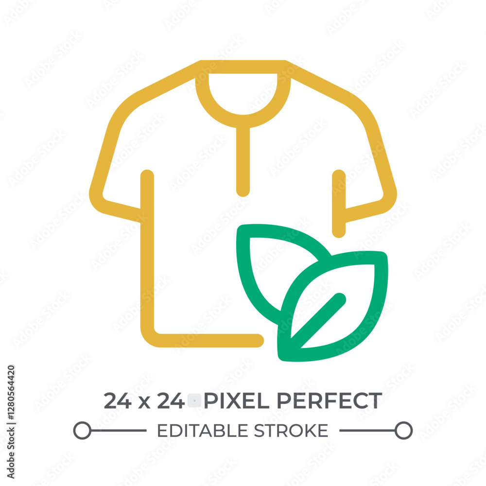 Clothes of eco friendly material colorful line ui icon. Sustainable fashion promotion. Shirt with leaves ornament. Isolated vector duotone linear symbol. User interface element, pixel perfect Clothes of eco friendly material colorful line ui icon. Sustainable fashion promotion. Shirt with leaves ornament. Isolated vector duotone linear symbol. User interface element, pixel perfect