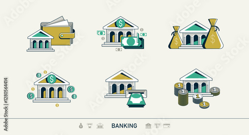 Banking vector detailed icons set, bank building and cash money, deposit and credit, online banking, personal account.
