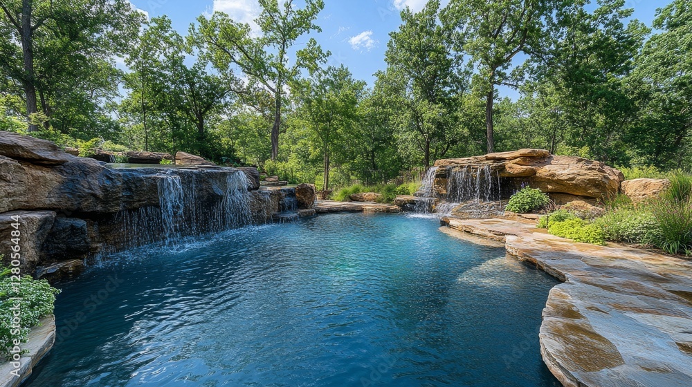 Naklejka premium Luxury Pool with Waterfall Feature in a Lush Garden