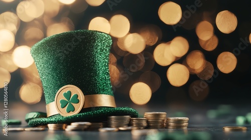 A festive green leprechaun hat surrounded by coins, perfect for celebrating St. Patrick's Day with a touch of luck. photo