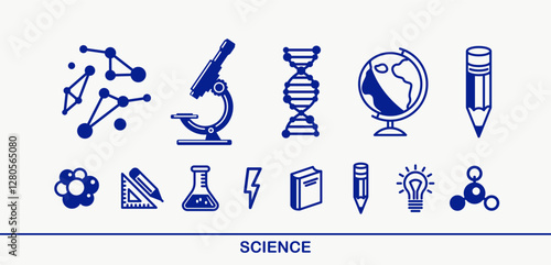 Science vector detailed icons set, school and university education bundle, scientific study and research, physics and chemistry.