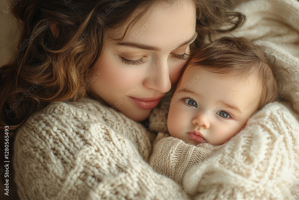 A tender moment between a mother and her baby, wrapped in warm knitwear, eyes full of love. A tender moment between a mother and her baby, wrapped in warm knitwear, eyes full of love.