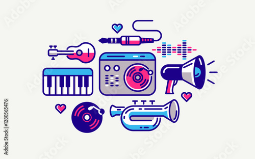 Music and recording studio vector detailed icon, sound producing and audio engineering bundle, playing instruments.