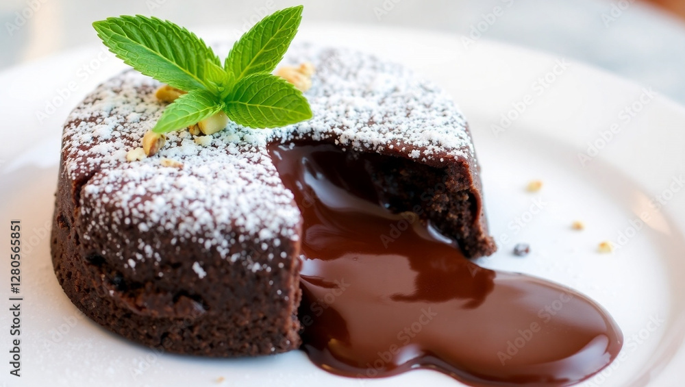 Chocolate Lava Cake with Melted Center and Mint Garnish. Chocolate Lava Cake with Melted Center and Mint Garnish.
