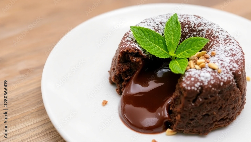 Chocolate Lava Cake with Melted Center and Mint Garnish. Chocolate Lava Cake with Melted Center and Mint Garnish.