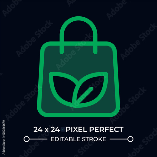 Eco bag dark color ui icon. Tote shopper with leaves print. Environmental friendly fashion. Minimalist accessory. Vector colorful symbol isolated on black. User interface element, pixel perfect