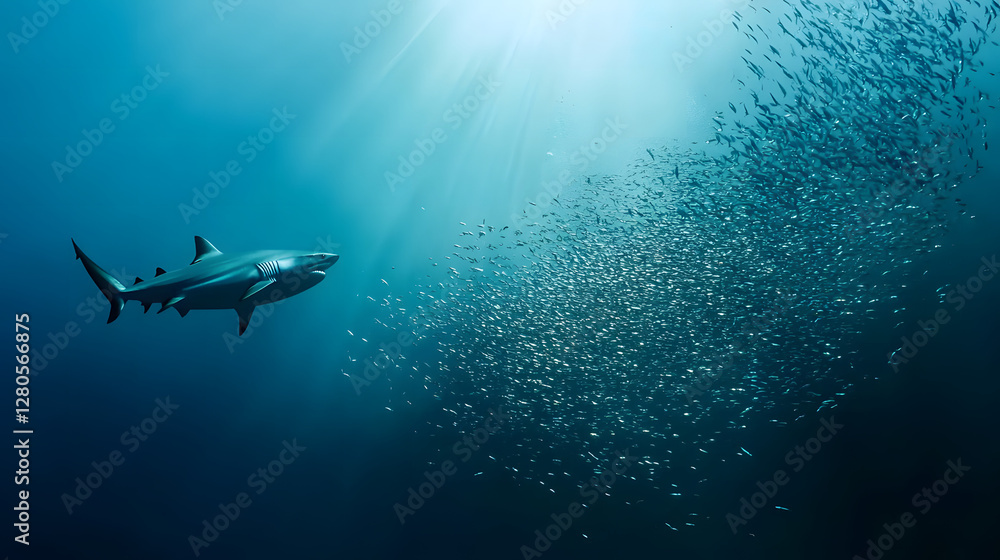 Majestic shark swims through sunlit ocean depths, encountering a massive school of fish. A breathtaking underwater scene. Majestic shark swims through sunlit ocean depths, encountering a massive school of fish. A breathtaking underwater scene.