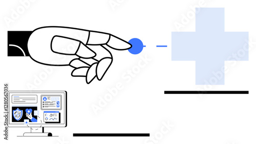 Robotic hand reaching for blue circle near medical cross, data visualization on monitor. Ideal for AI in healthcare, remote diagnostics, medical tech, innovation, automation, future medicine