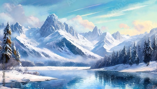 Wallpaper Mural winter landscape with gently curving white snow-capped mountains in the distance Torontodigital.ca