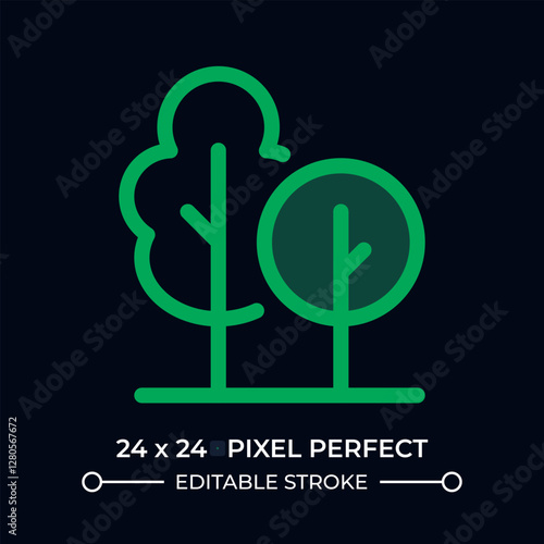 Growing trees dark color ui icon. Wild forests and park cultivation. Nature areas protection. Reforestation. Vector colorful symbol isolated on black. User interface element, pixel perfect