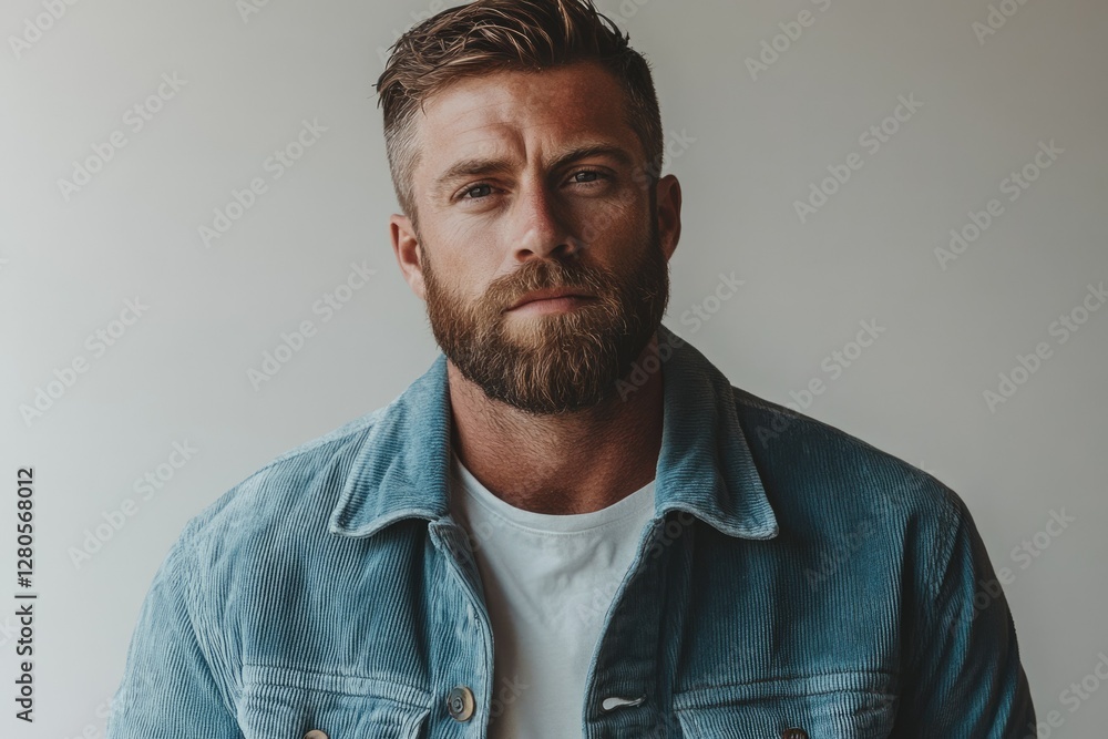 Obraz premium A man with a beard and short hair, wearing a blue corduroy jacket, looks directly at the camera.
