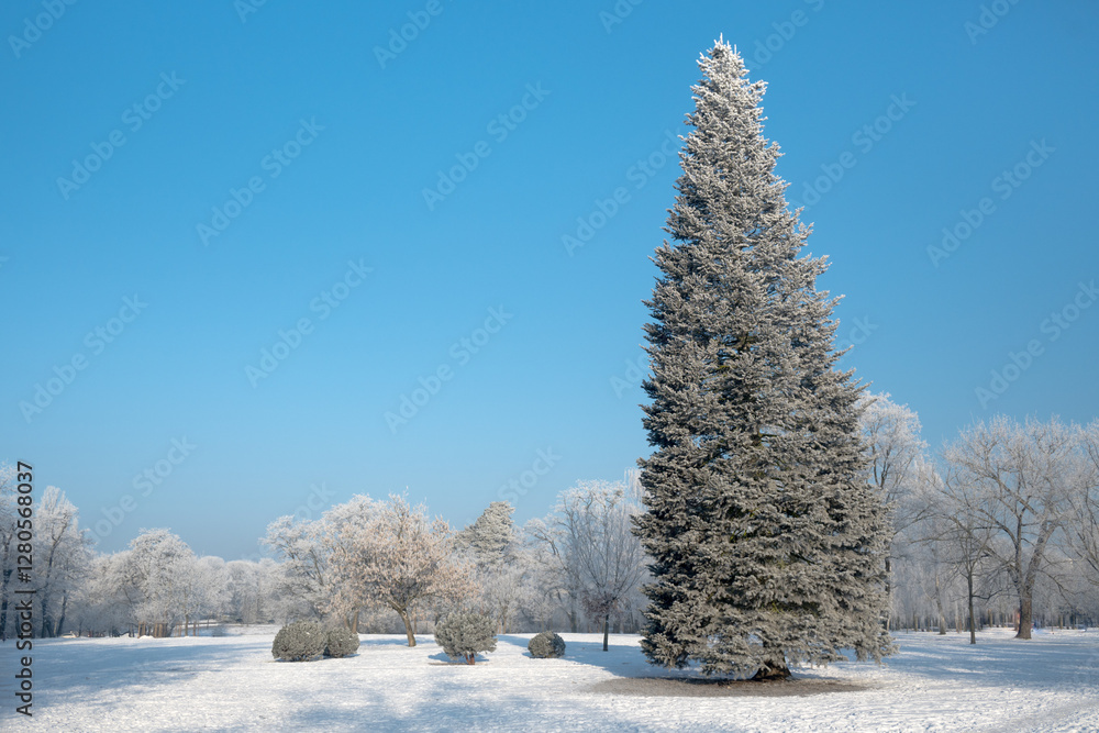 Christmas tree, a large tree specimen. Winter scenery like from a fairy tale.
