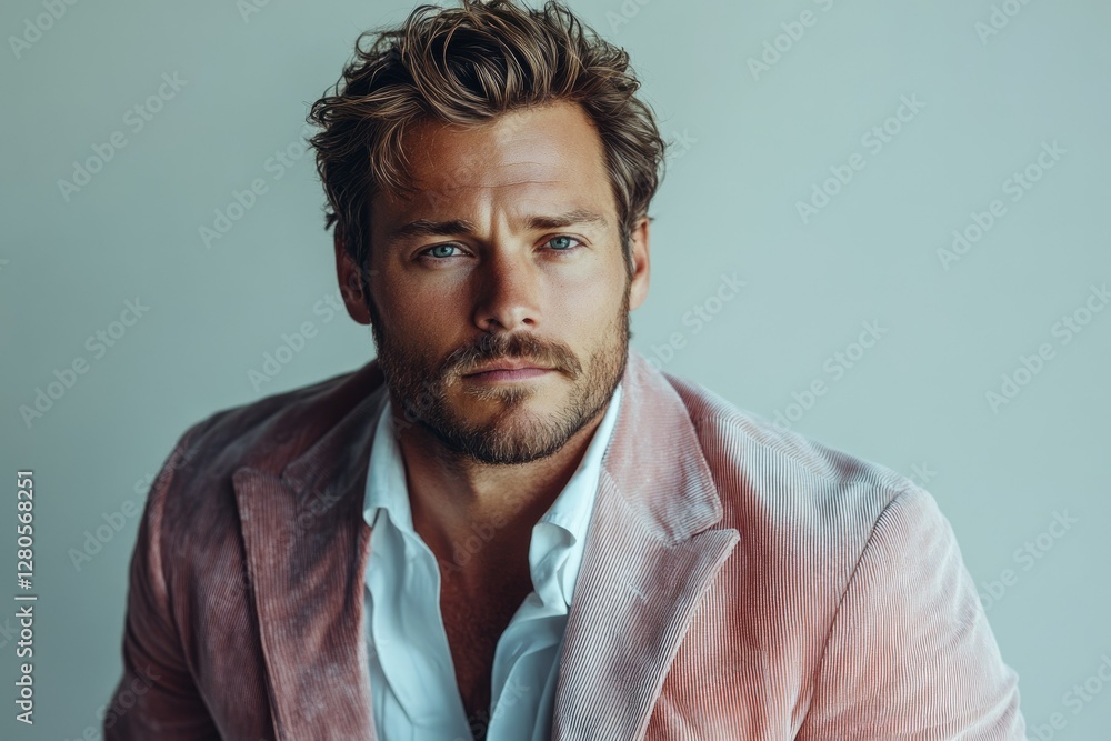 A stylish man with light brown hair and a beard, wearing a pink corduroy jacket and a white shirt.