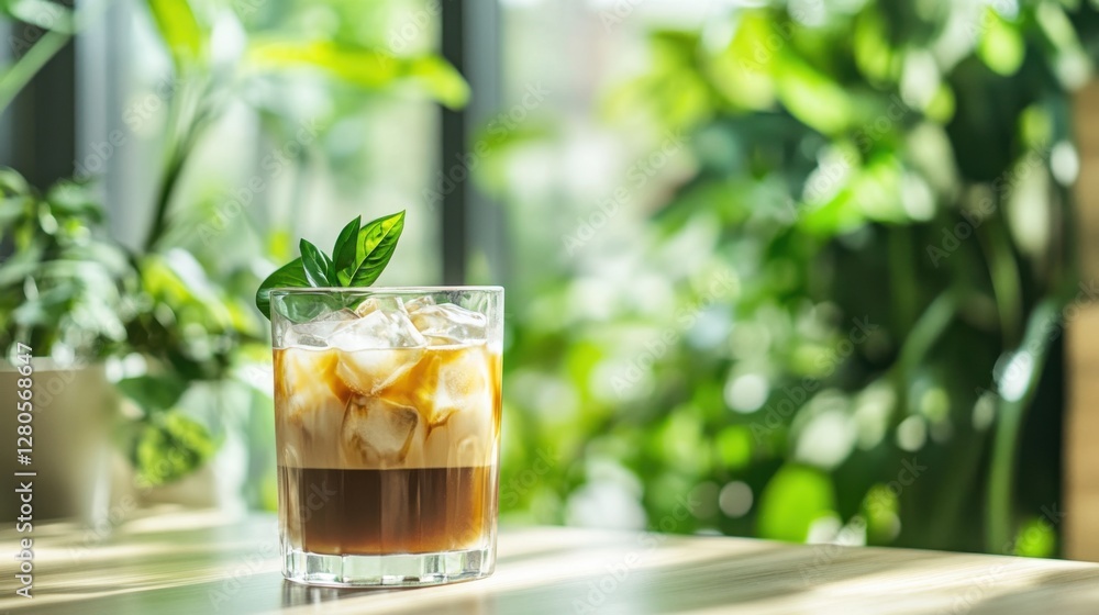 Alcohol consumption at a modern café with iced coffee and plants. Featuring freshness and relaxation Alcohol consumption at a modern café with iced coffee and plants. Featuring freshness and relaxation