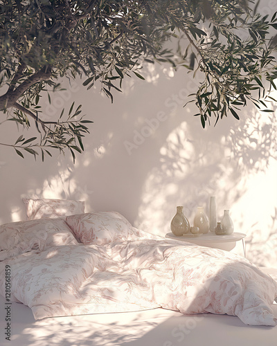 Cozy bed under olive tree leaves