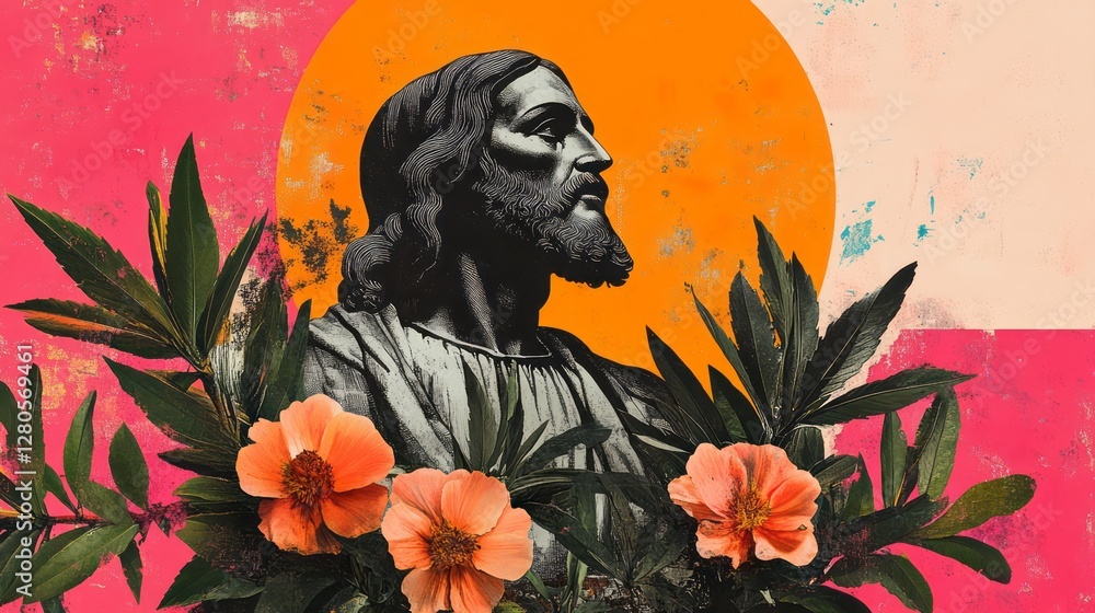 Fototapeta premium Jesus sculpture with orange flowers against a pink background