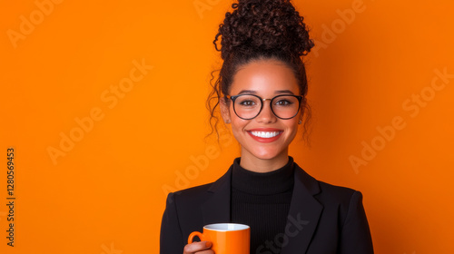 Obraz na płótnie smiling woman with curly hair wearing glasses, holding orange mug against orange background. She exudes confidence and warmth