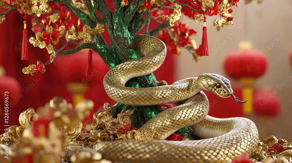 A majestic snake entwines around a decorated Chinese New Year tree, its shimmering golden and green scales adding to the festive atmosphere, with red lanterns and golden ornaments symbolizing prosperi A majestic snake entwines around a decorated Chinese New Year tree, its shimmering golden and green scales adding to the festive atmosphere, with red lanterns and golden ornaments symbolizing prosperi