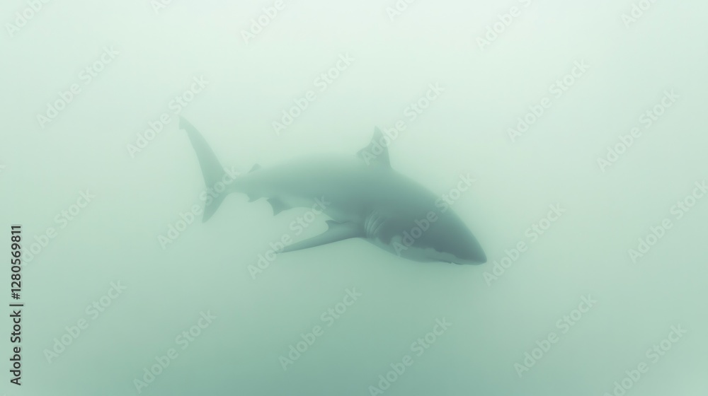 Obraz premium Mysterious shark glides through murky waters, showcasing its pow