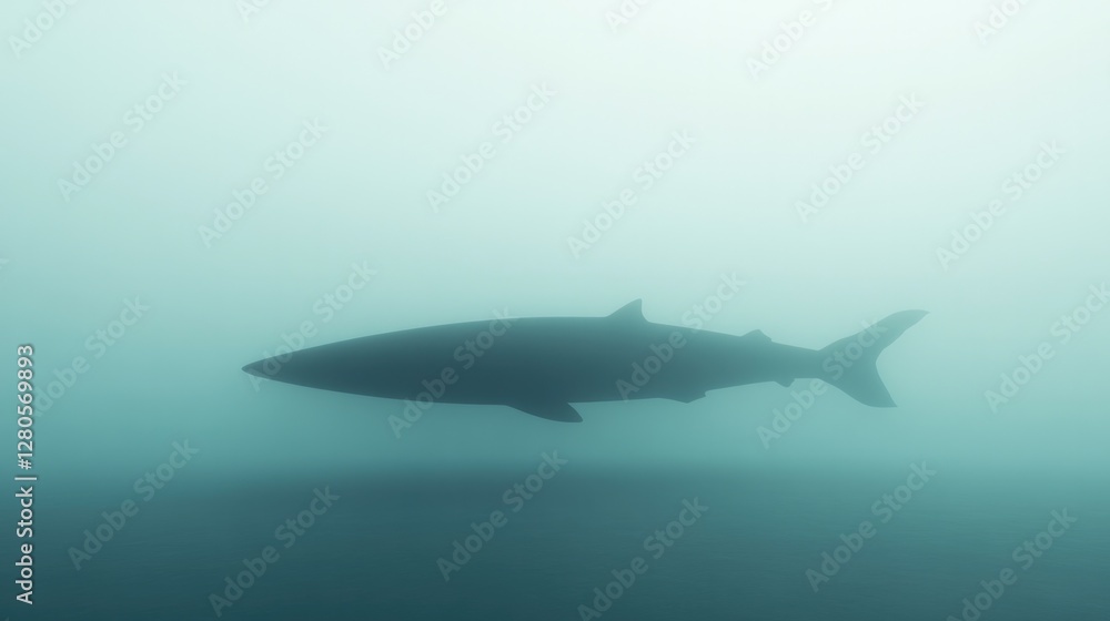Mysterious silhouette of shark gliding through tranquil, murky w Mysterious silhouette of shark gliding through tranquil, murky w
