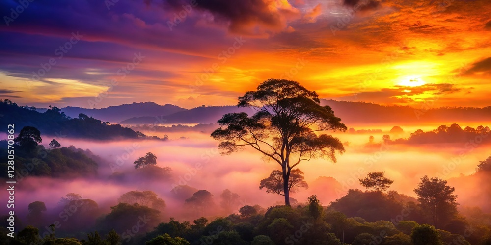 Fototapeta premium Vibrant Sunset over Misty Rainforest - Single Tree Silhouette Stock Photo