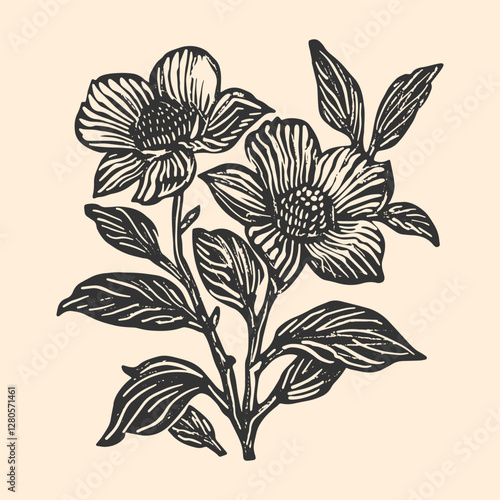 Flowers linocut vector illustration with grunge texture. Monochrome linear woodcut illustration