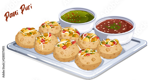 Golgappe or Pani Puri Tray with Tamarind and Mint Chutneys. Puries Filled with Chickpeas, Potatoes, Tomatoes, Coriander and White Radish. Indian Gujarati Street Food Detailed Art