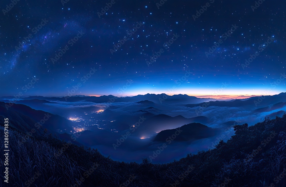 Naklejka premium Mountaintop Starry Night Sky Panorama View