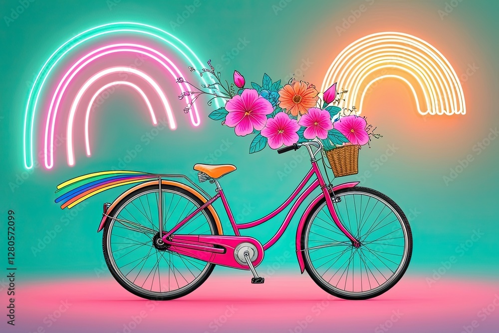 Fototapeta premium Pink Bicycle Rainbow Flowers Neon, bicycle, bike, rainbow, flowers, neon, illustration, design, graphic, colorful