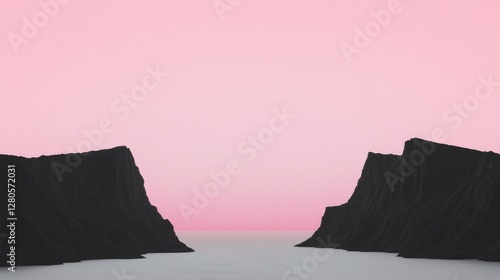 Minimalistic landscape features bold black cliffs against soft p