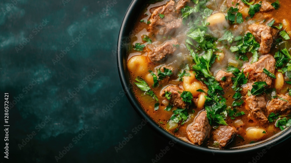 Steaming beef stew, herbs, dark bowl, textured background, food blog Steaming beef stew, herbs, dark bowl, textured background, food blog