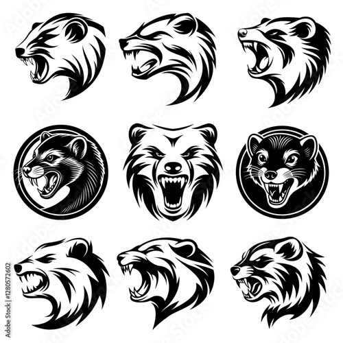 
contour icon, logo of the animal head of a wolverine with a grin in black color