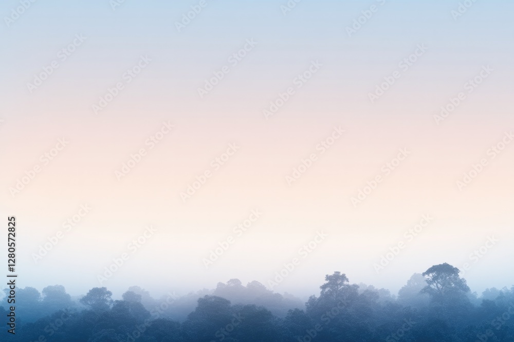 Calm mist envelops distant trees, blending soft colors of dawn i Calm mist envelops distant trees, blending soft colors of dawn i