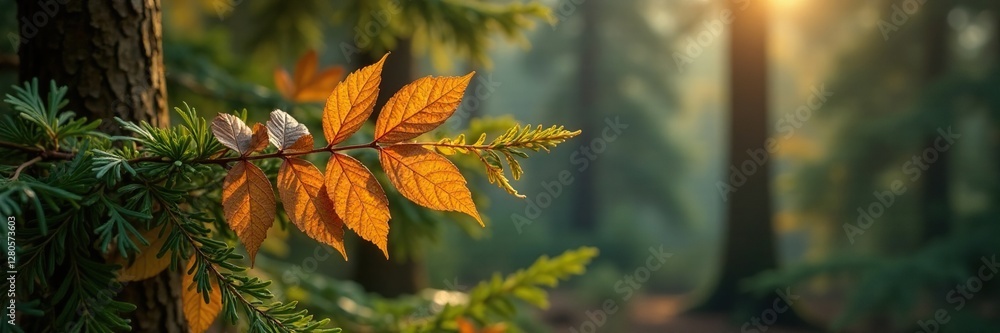 Amber leaves cling to branches on tall conifers, natural, leafy Amber leaves cling to branches on tall conifers, natural, leafy