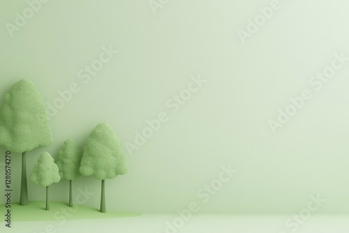 Soft green landscape with stylized trees creating serene, calmin