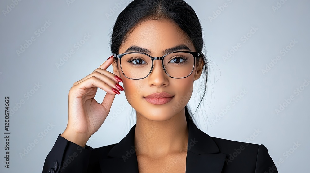 A poised and professional woman with an intense expression, adjusting her glasses while wearing a crisp black suit and bold red nails, exuding authority. A poised and professional woman with an intense expression, adjusting her glasses while wearing a crisp black suit and bold red nails, exuding authority.
