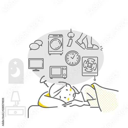 音が気になって眠れない女性　シンプルでお洒落な線画イラスト