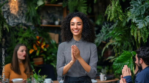 woman with curly hair smiles and claps her hands in lush green setting, surrounded by plants and people enjoying gathering. atmosphere is warm and inviting photo