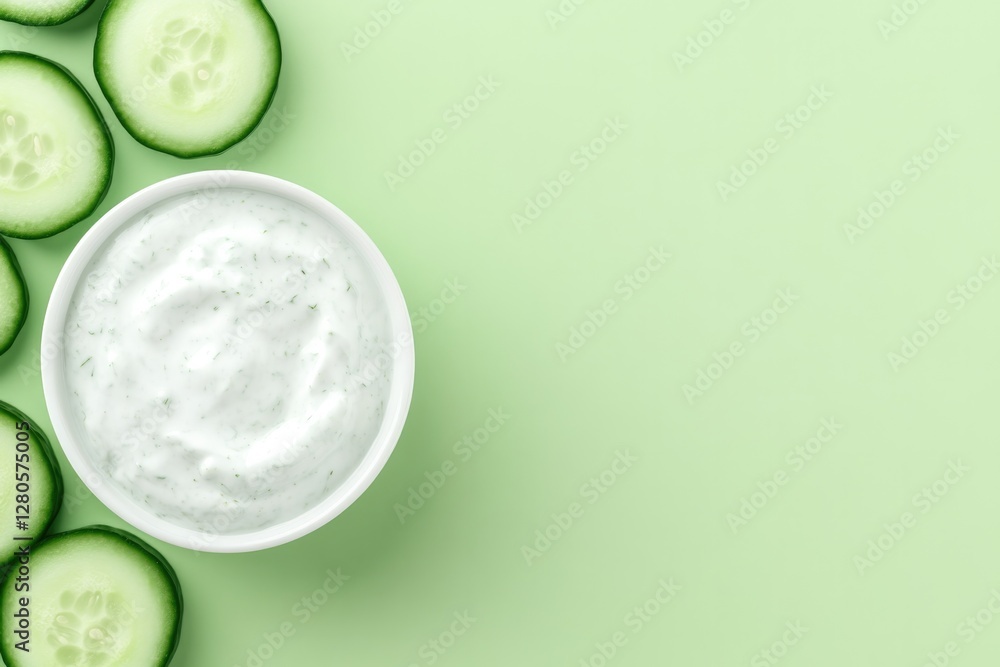 Creamy yogurt sits in bowl surrounded by fresh cucumber slices o Creamy yogurt sits in bowl surrounded by fresh cucumber slices o