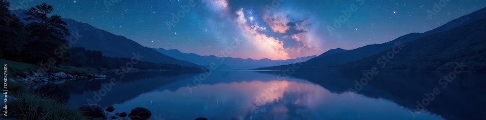 Fototapeta premium Starry night over calm river, peaceful landscape , shadows, starry night
