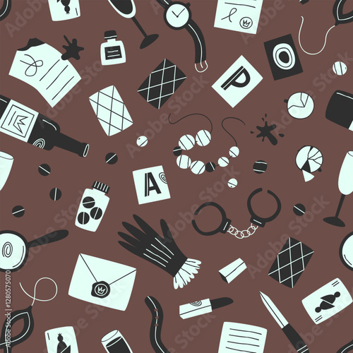 Seamless pattern for the endpaper of a detective book. Many clues belonging to a woman. Pattern for a detective story related to a woman. Flat vector illustration