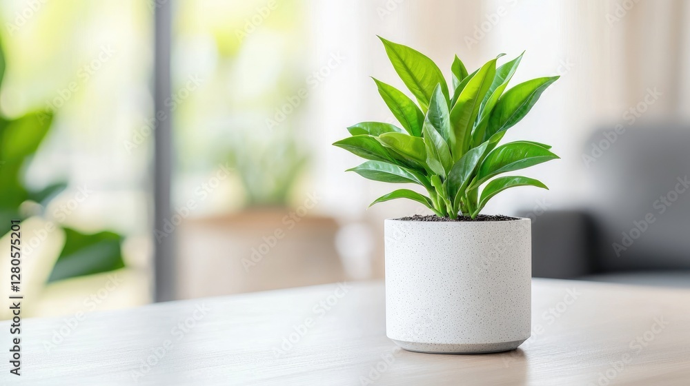 Indoor plant in pot on table, bright home background, home decor, website banner Indoor plant in pot on table, bright home background, home decor, website banner