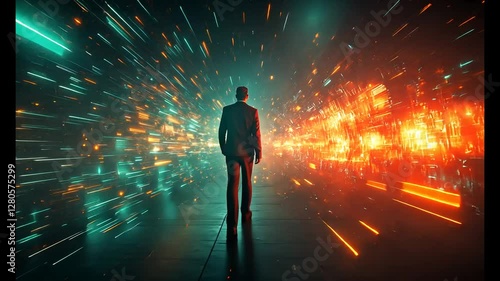 Businessman Walking Towards Vibrant Light Stream in Futuristic Digital Environment